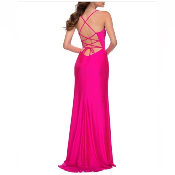 La Femme Strappy Back Jersey Gown SZ 4 Women Hot Pink Deep V Neck Wedding Guest - Picture 14 of 14